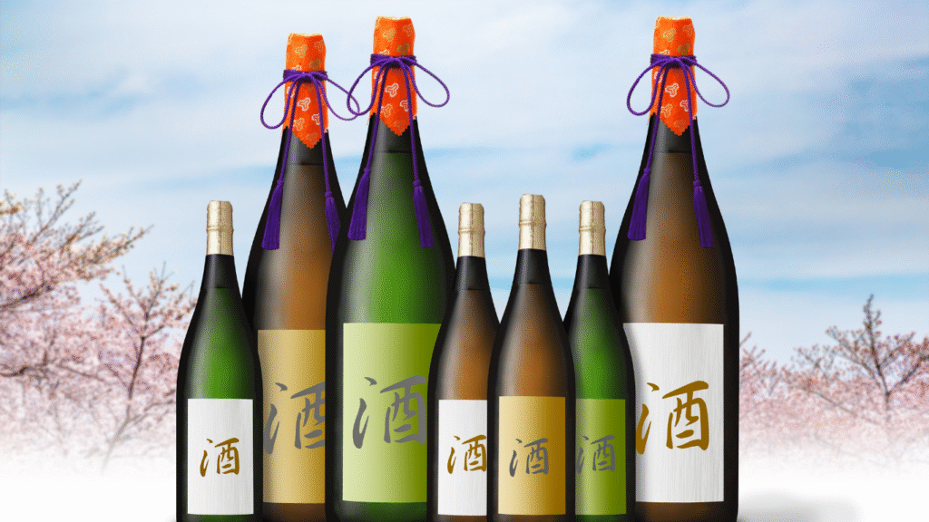 瓶に入った日本酒が並んでいる